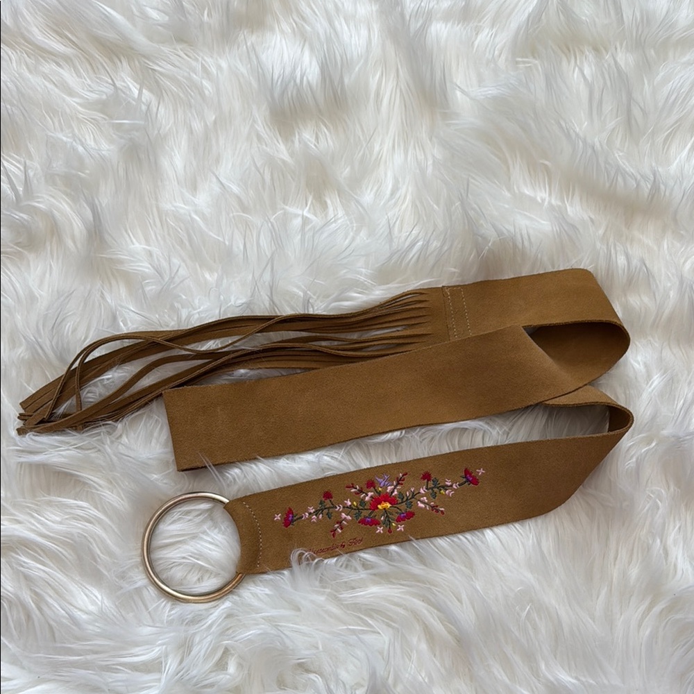 Abercrombie and Fitch Floral Embroidered Tan Suede Belt with Fringe